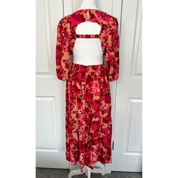 Fuchsia Floral V-Neck Cutout Backless Maxi Dress Size M Medium - Picture 1 of 11